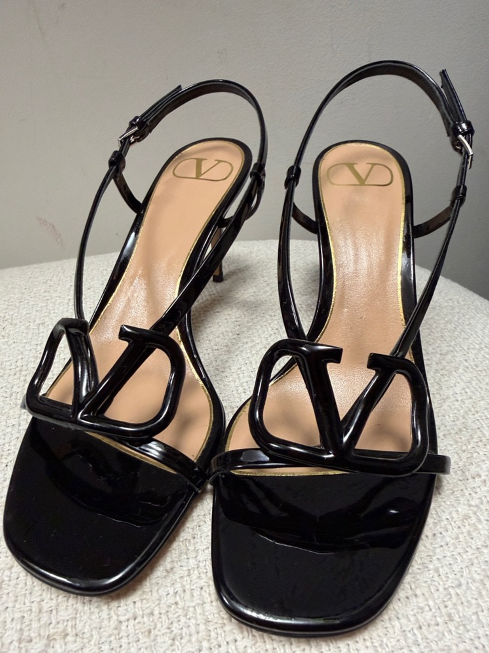 Valentino Black Patent V-Logo Slingback Heels